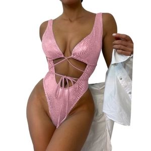 Miayilima Swimwear Padded Bra Splicing Cut Out Snakeskin Metallic Swimsuit